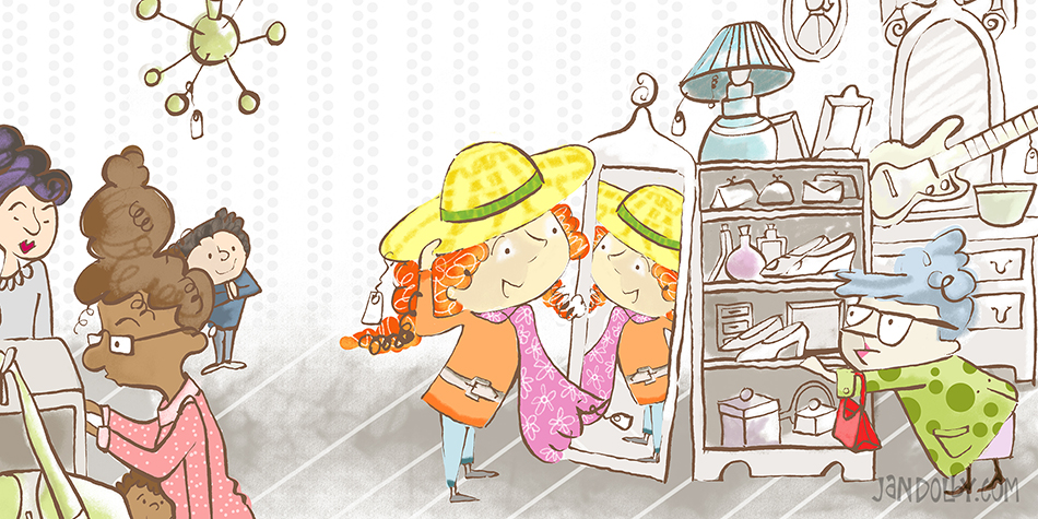 Picture book illustration of girl in a store
